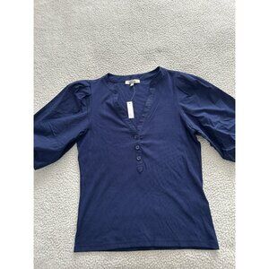 Madewell V-Neck Short Puff Sleeve Ribbed Mixy Tee Shirt Navy Blue Size M